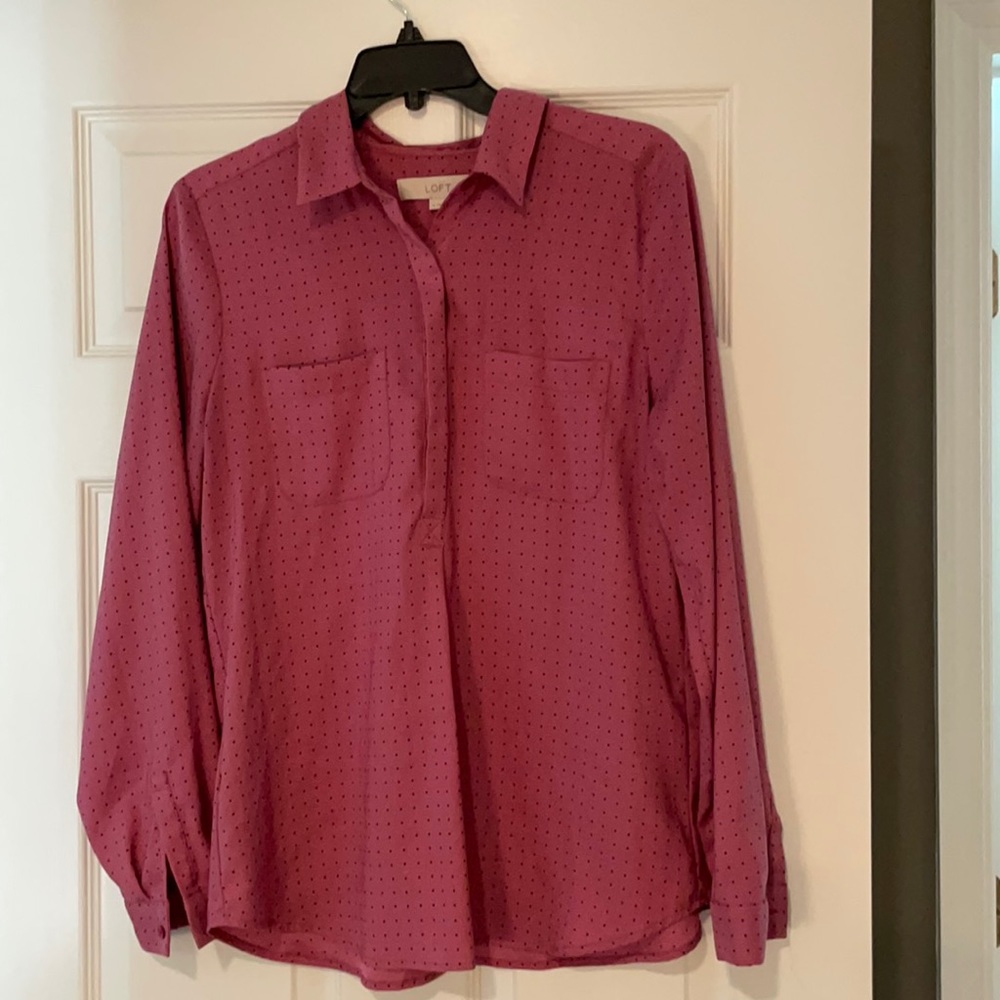 Loft pink and black polkadot blouse